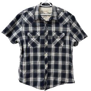 Bullhead Men's Western Short Sleeve Pearl Snap Shirt Blue Plaid XL